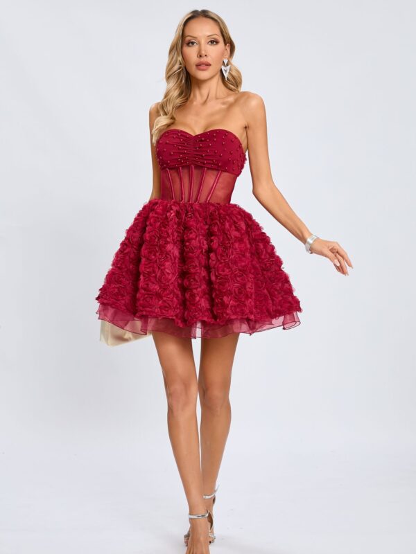 Rochie vișinie cu corset și trandafiri