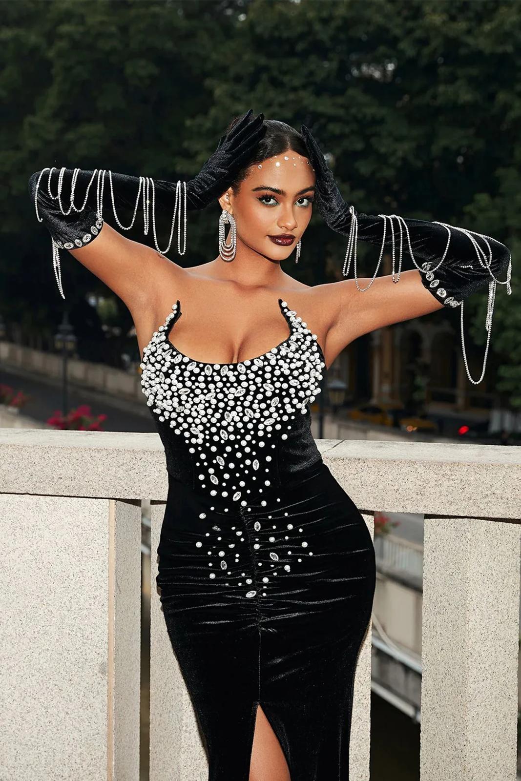 Rochie eleganta neagră perlată - imagine 6