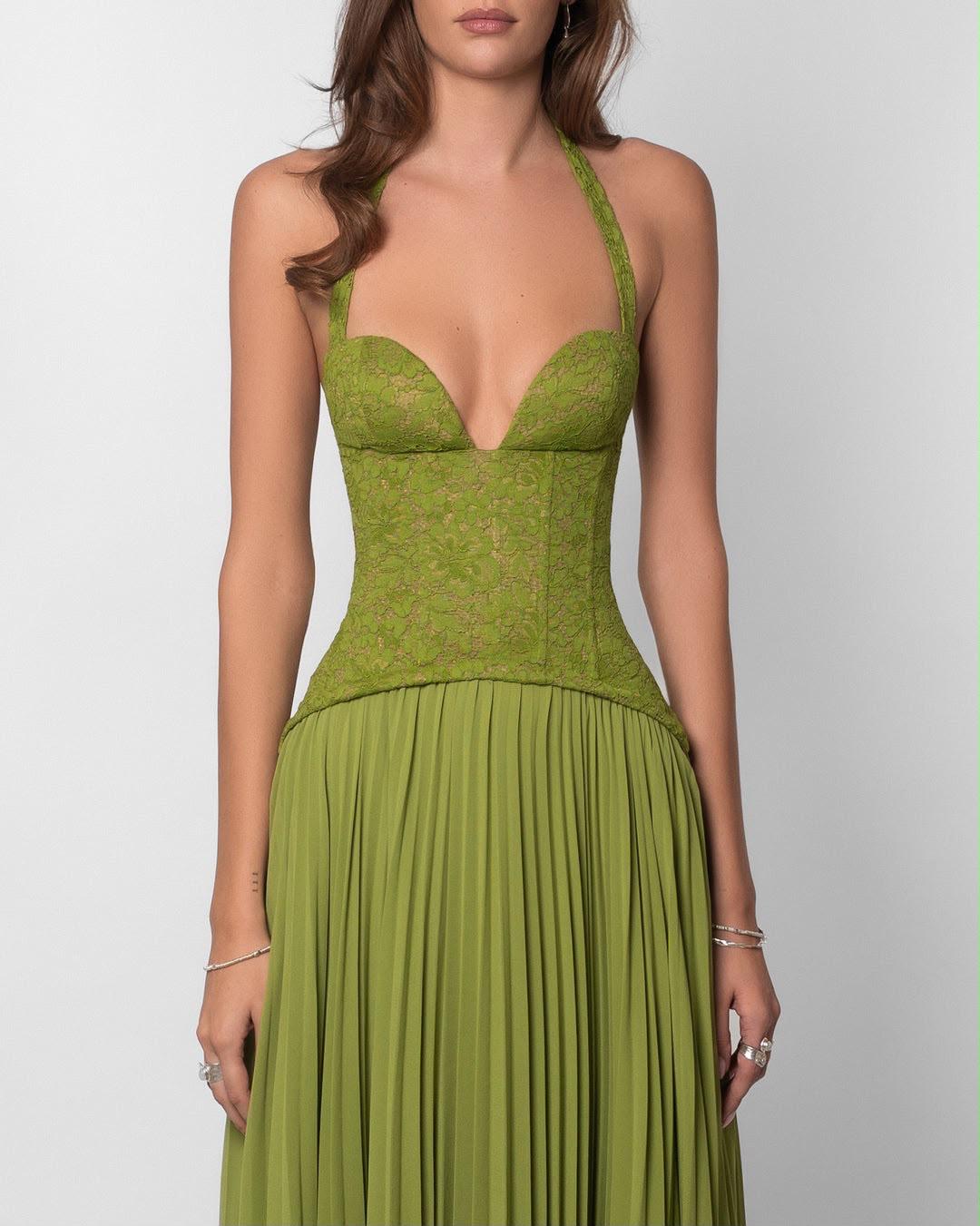 Rochie lungă plisată cu corset din dantelă - imagine 3