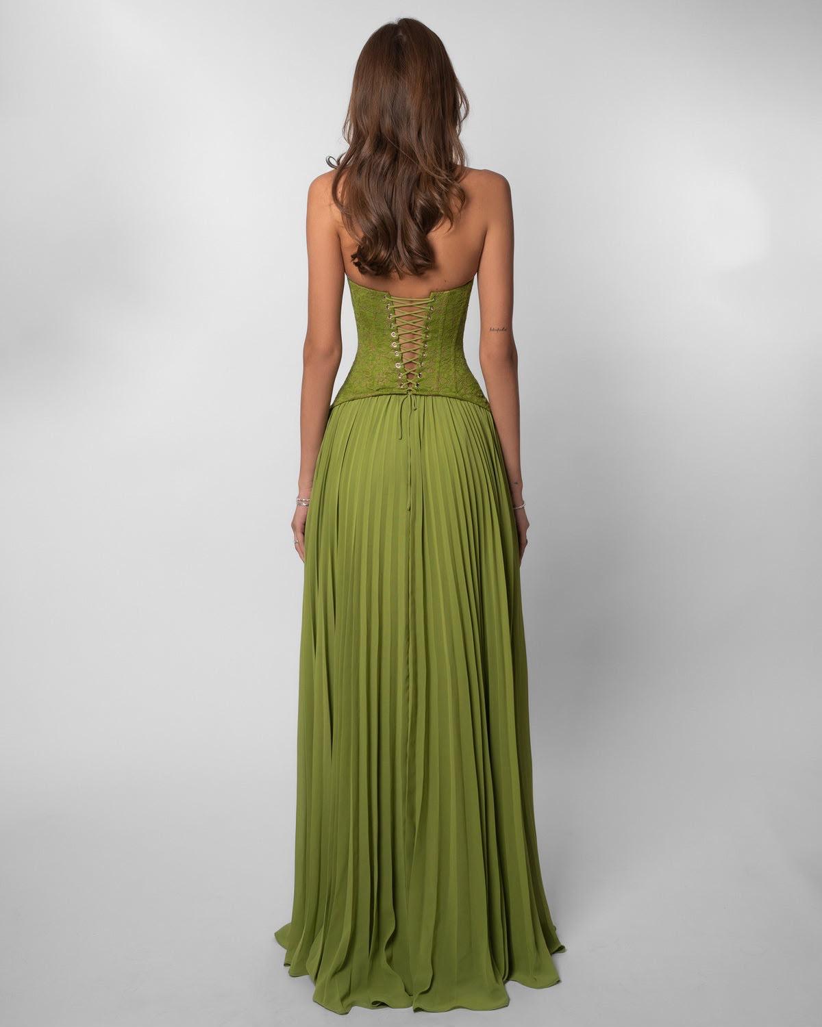 Rochie lungă plisată cu corset din dantelă - imagine 4