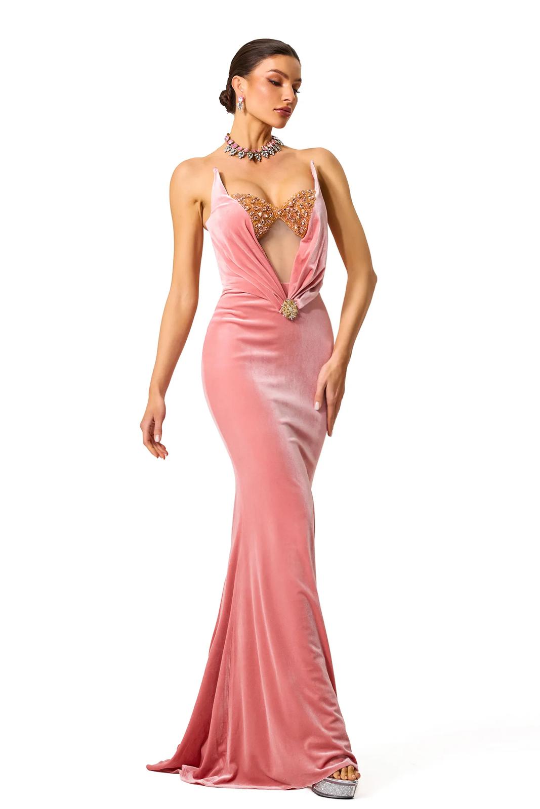 Rochie din catifea roz pudrat