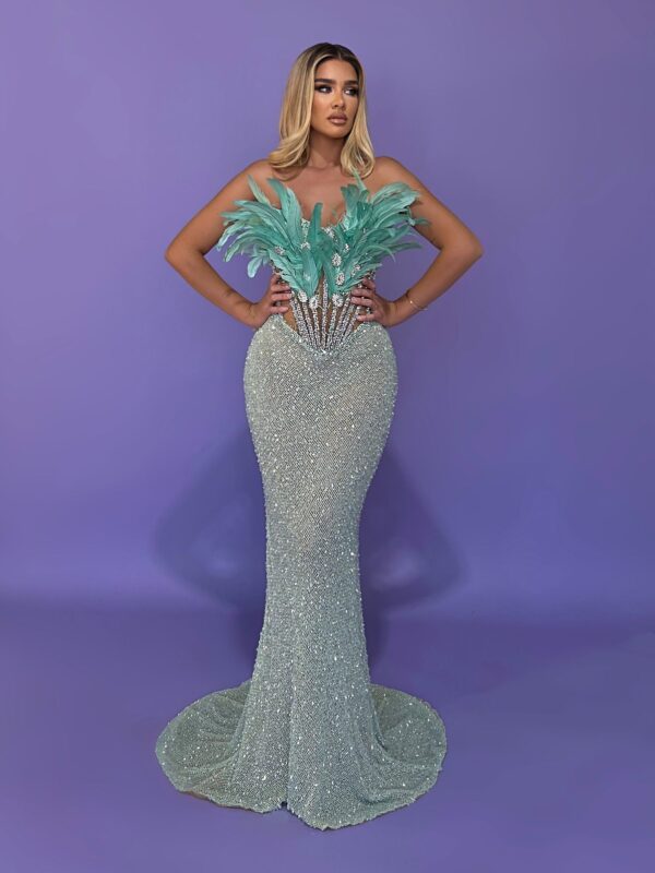 Rochie elegantă decorată cu pene