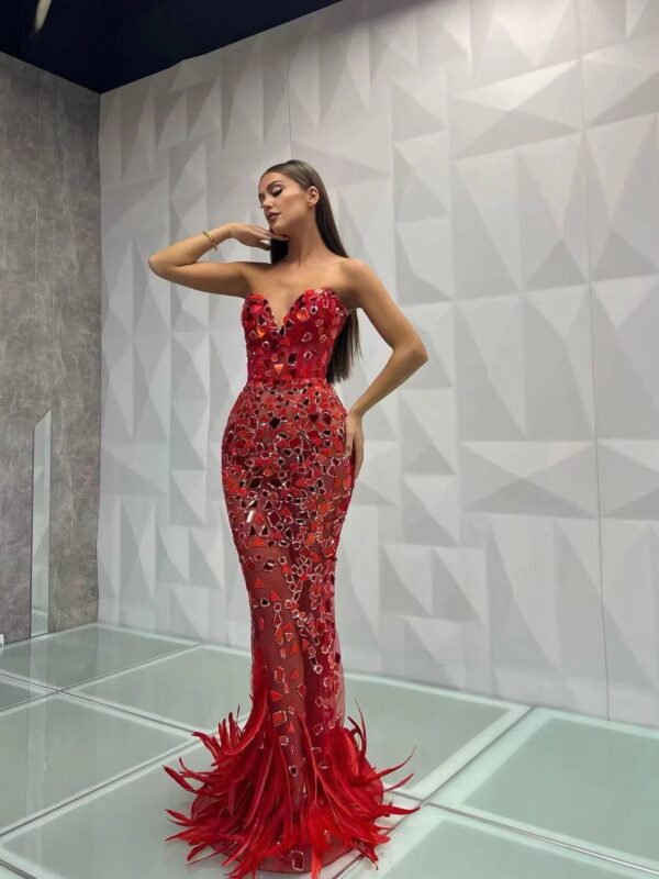 Rochie decorată cu mărgele și pene