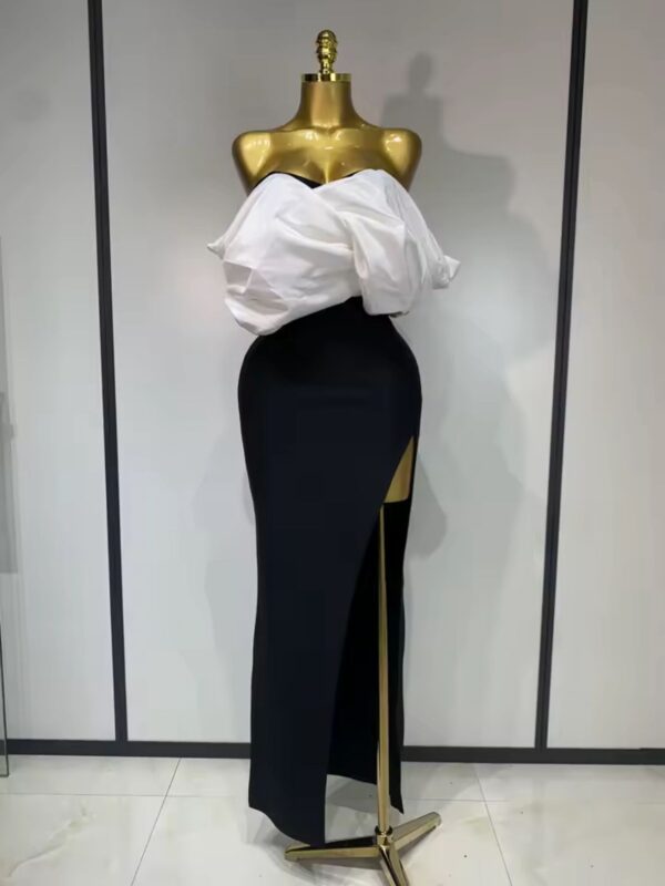 Rochie de ocazie cu fantă laterală și umeri bufanți