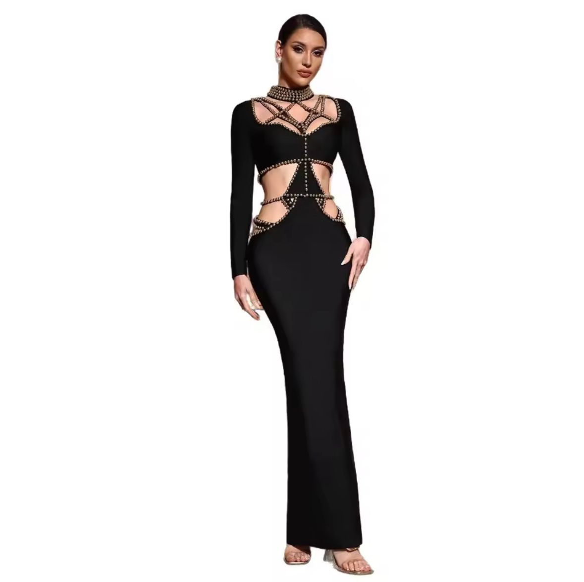 Rochie neagră cu mărgele aurii