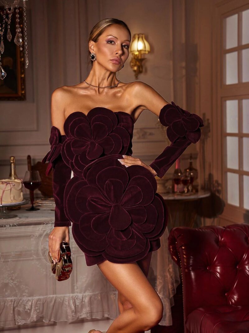 Rochie din catifea cu flori 3D - imagine 5