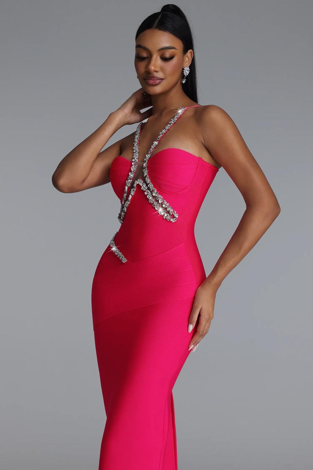 Rochie midi cu aplicații strălucitoare și decupaj frontal - imagine 4