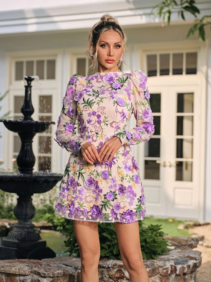 Rochie mini cu flori lila - imagine 3