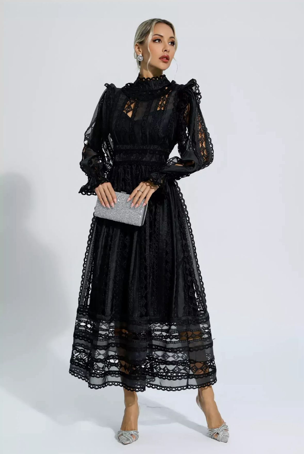Rochie neagră din dantelă Classy - imagine 2