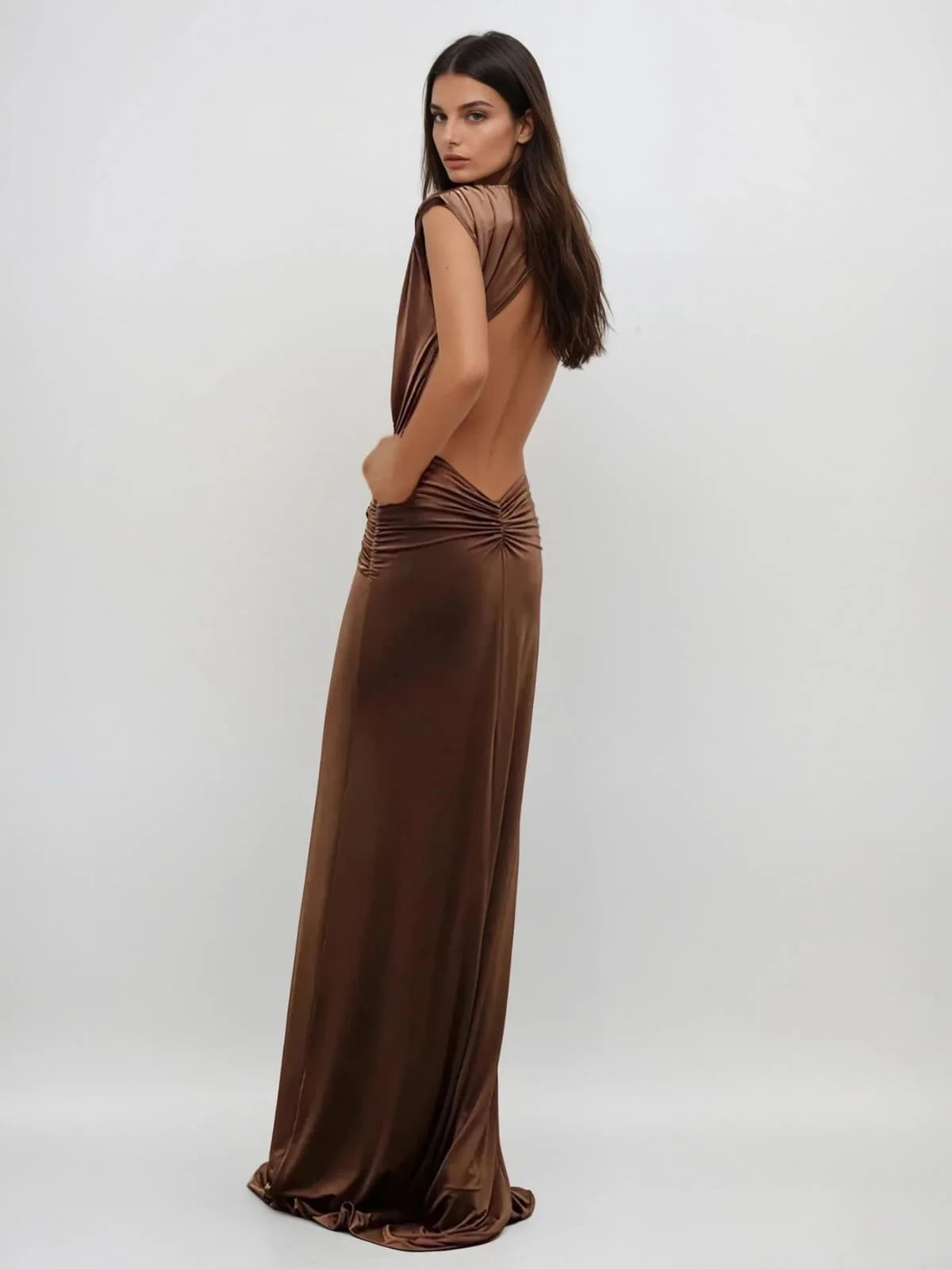 Rochie lungă elegantă din satin cu drapaj în talie - imagine 6