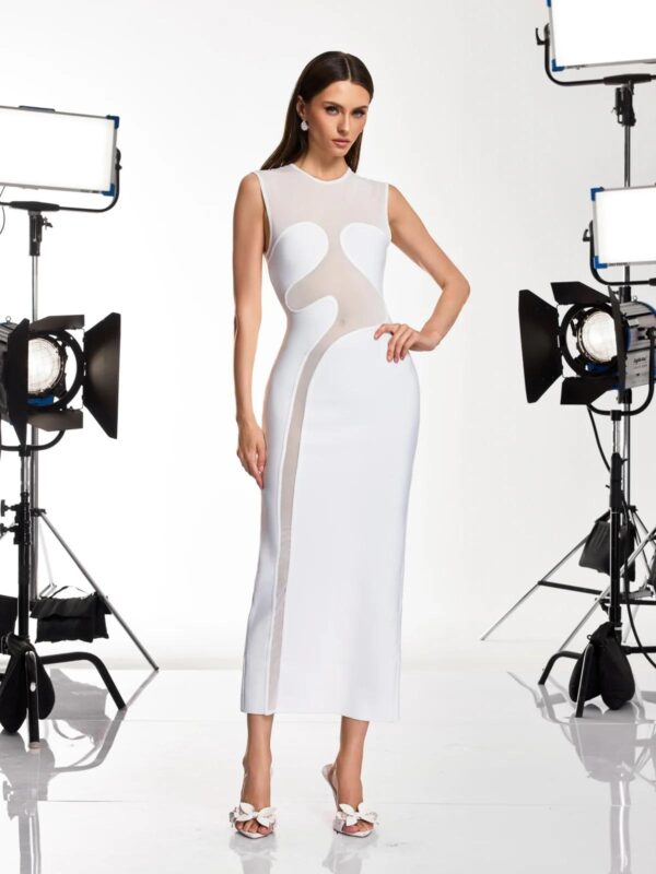 Rochie midi albă cu inserții transparente