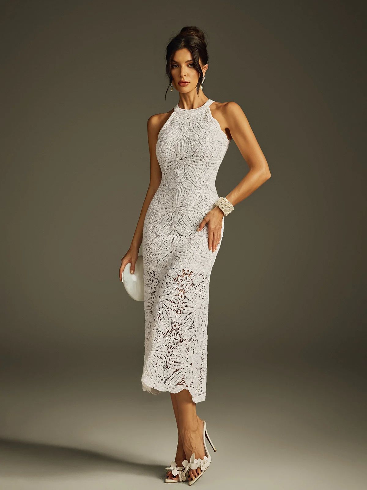 Rochie Midi din Dantelă Macrame Albă cu Model Floral, Guler Halter și Croială Cambrată - imagine 3