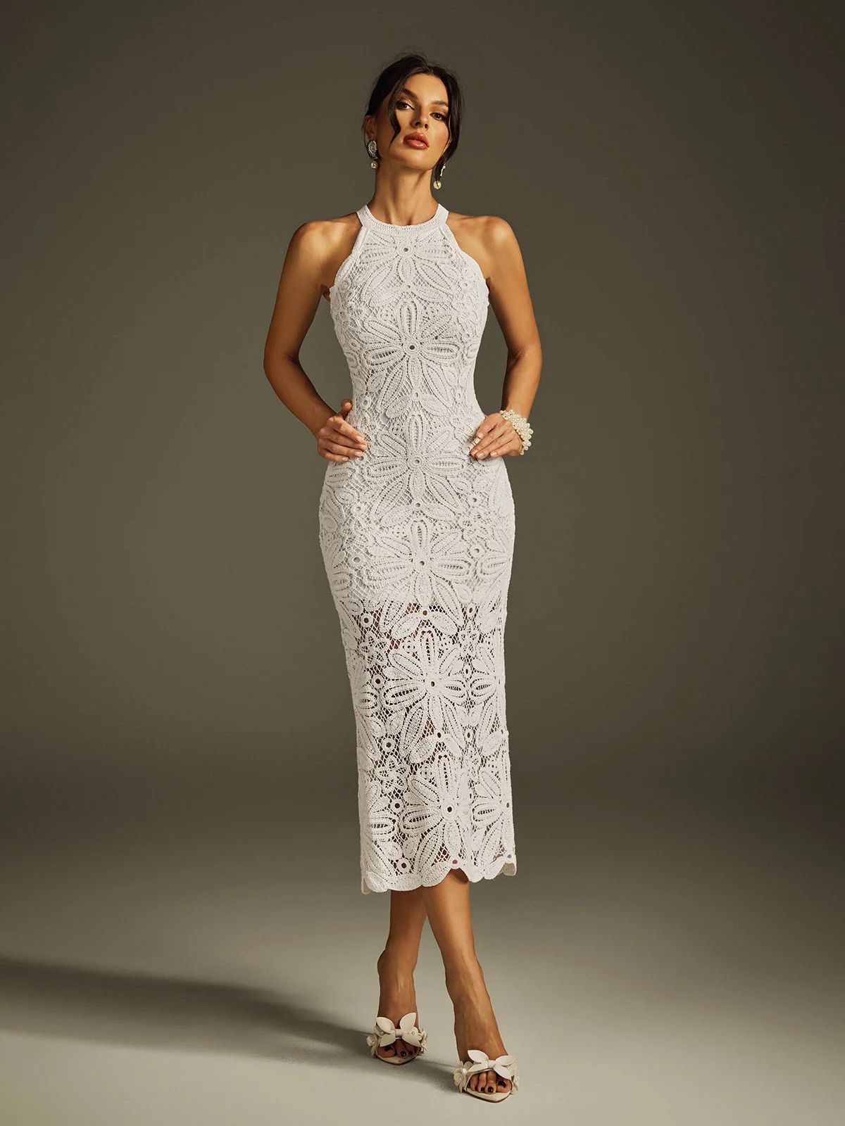 Rochie Midi din Dantelă Macrame Albă cu Model Floral, Guler Halter și Croială Cambrată - imagine 2