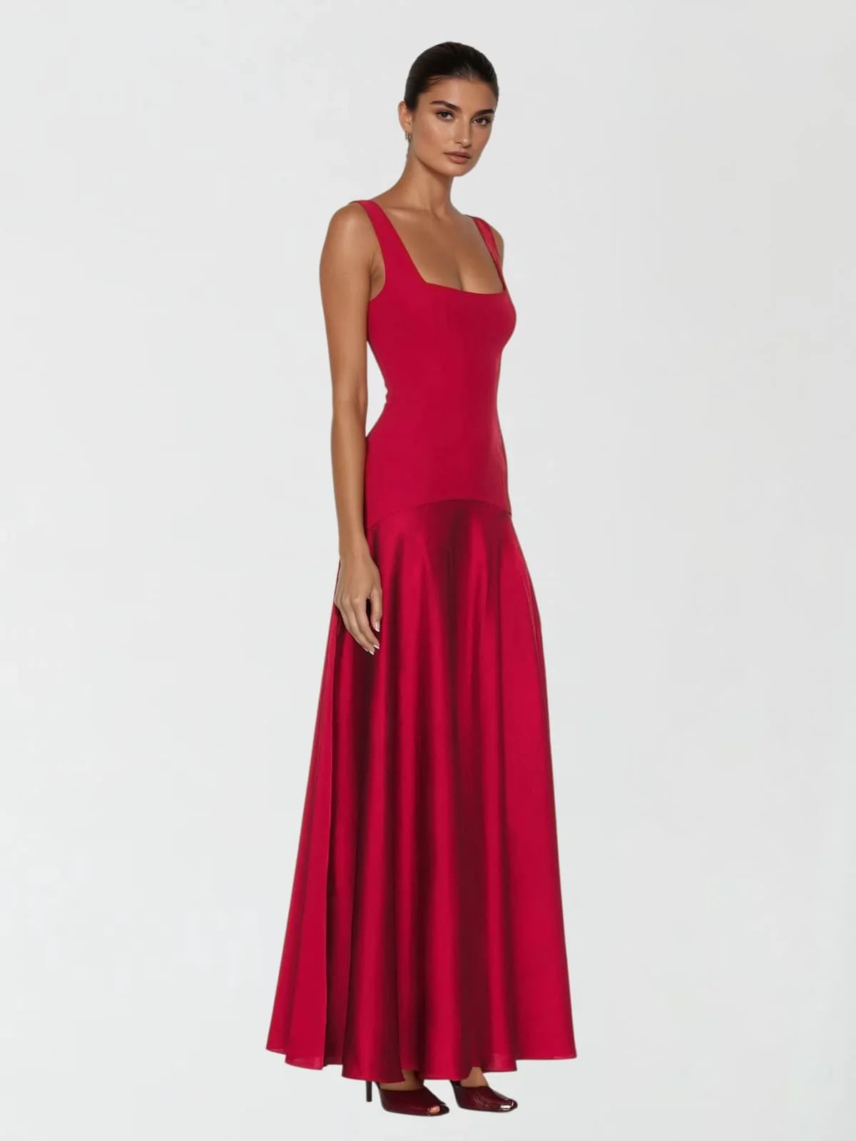 Rochie lungă de seară cu bust tip corset, decolteu pătrat și fustă din satin - imagine 2