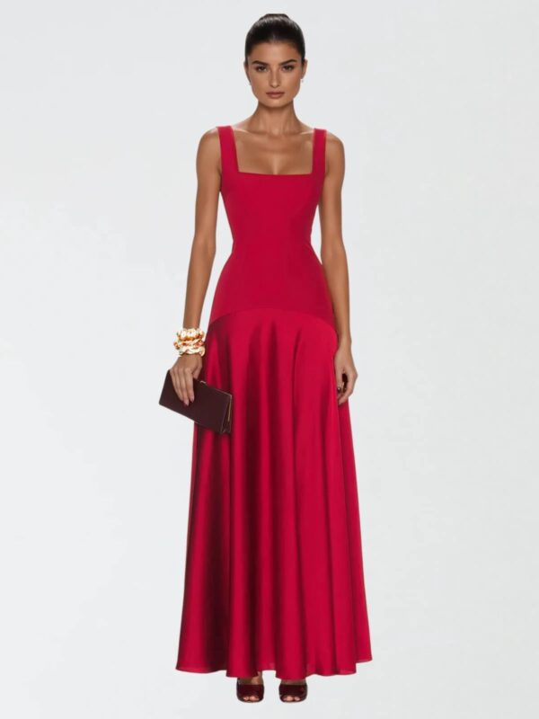 Rochie lungă de seară cu bust tip corset, decolteu pătrat și fustă din satin