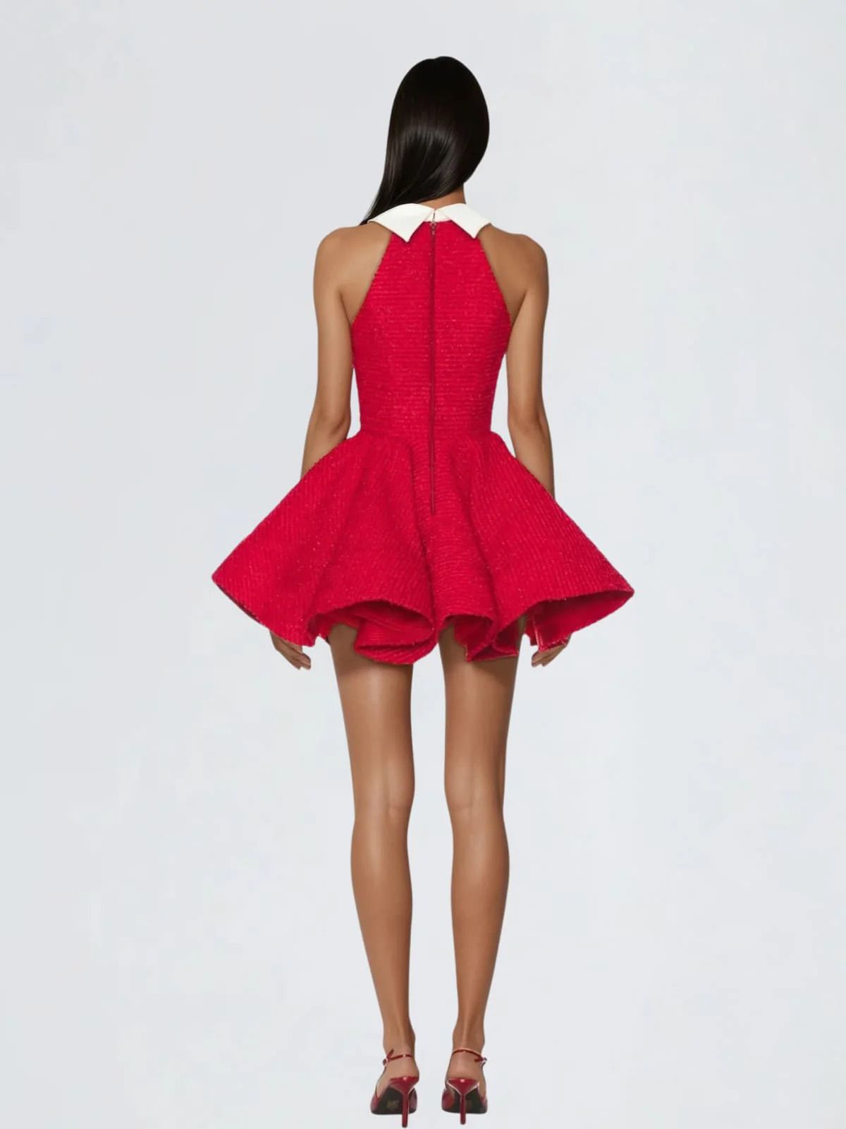 Rochie mini roșie din tweed cu guler alb contrastant și croială tip cloș - imagine 2