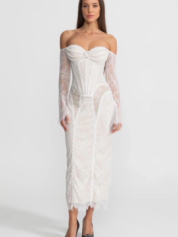 Rochie Midi din Dantelă cu Corset, Umerii Goți și Detalii din Perle