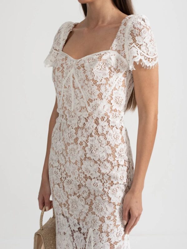 Rochie Midi din Dantelă Florală cu Mâneci Scurte și Croială Sirenă
