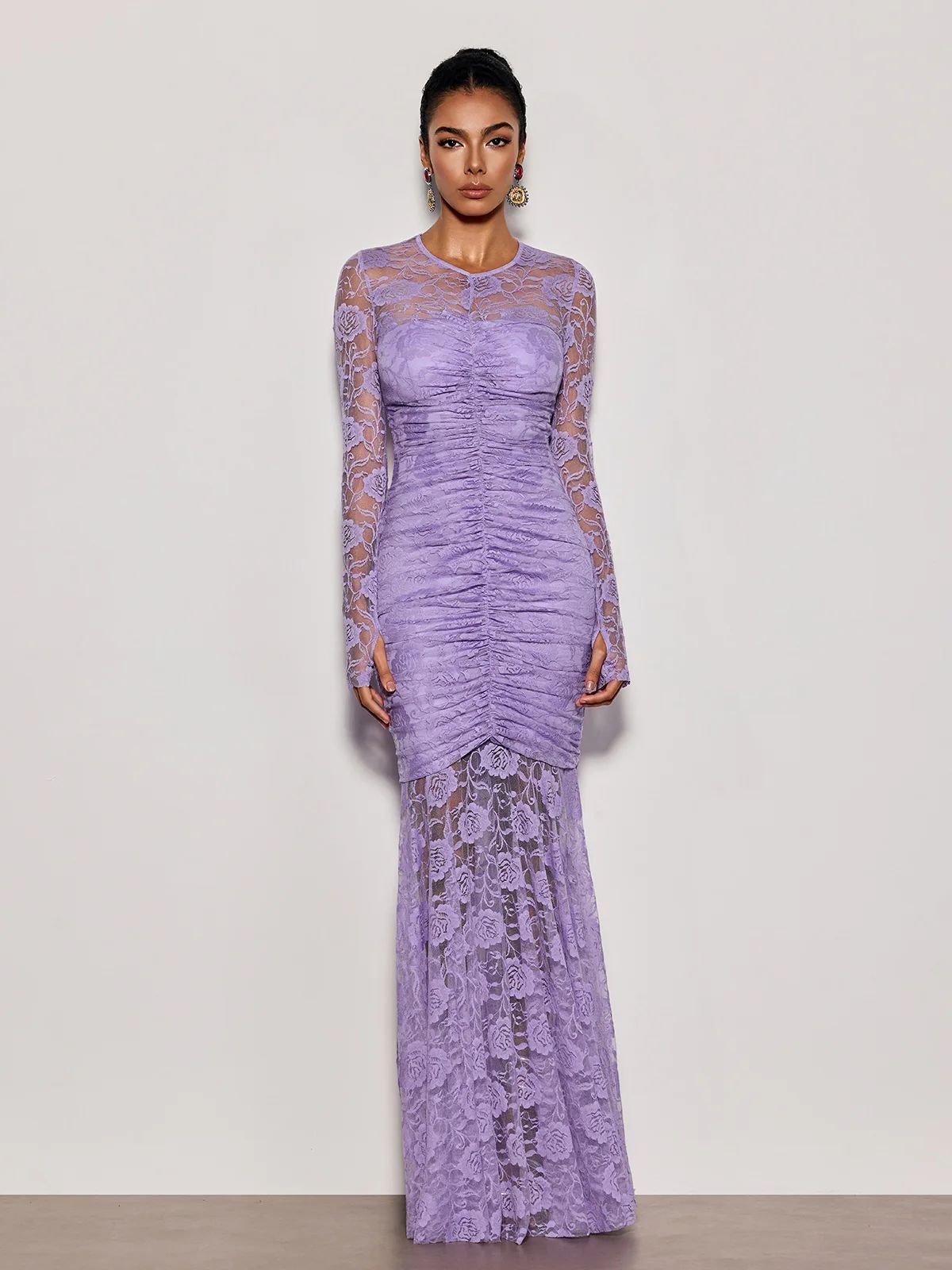Rochie lungă din dantelă florală cu drapaje frontale - imagine 2