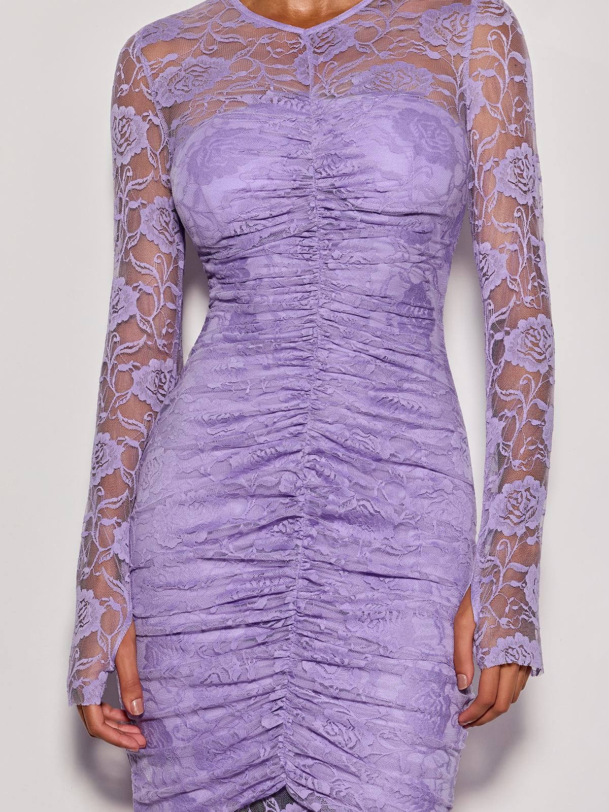 Rochie lungă din dantelă florală cu drapaje frontale - imagine 5