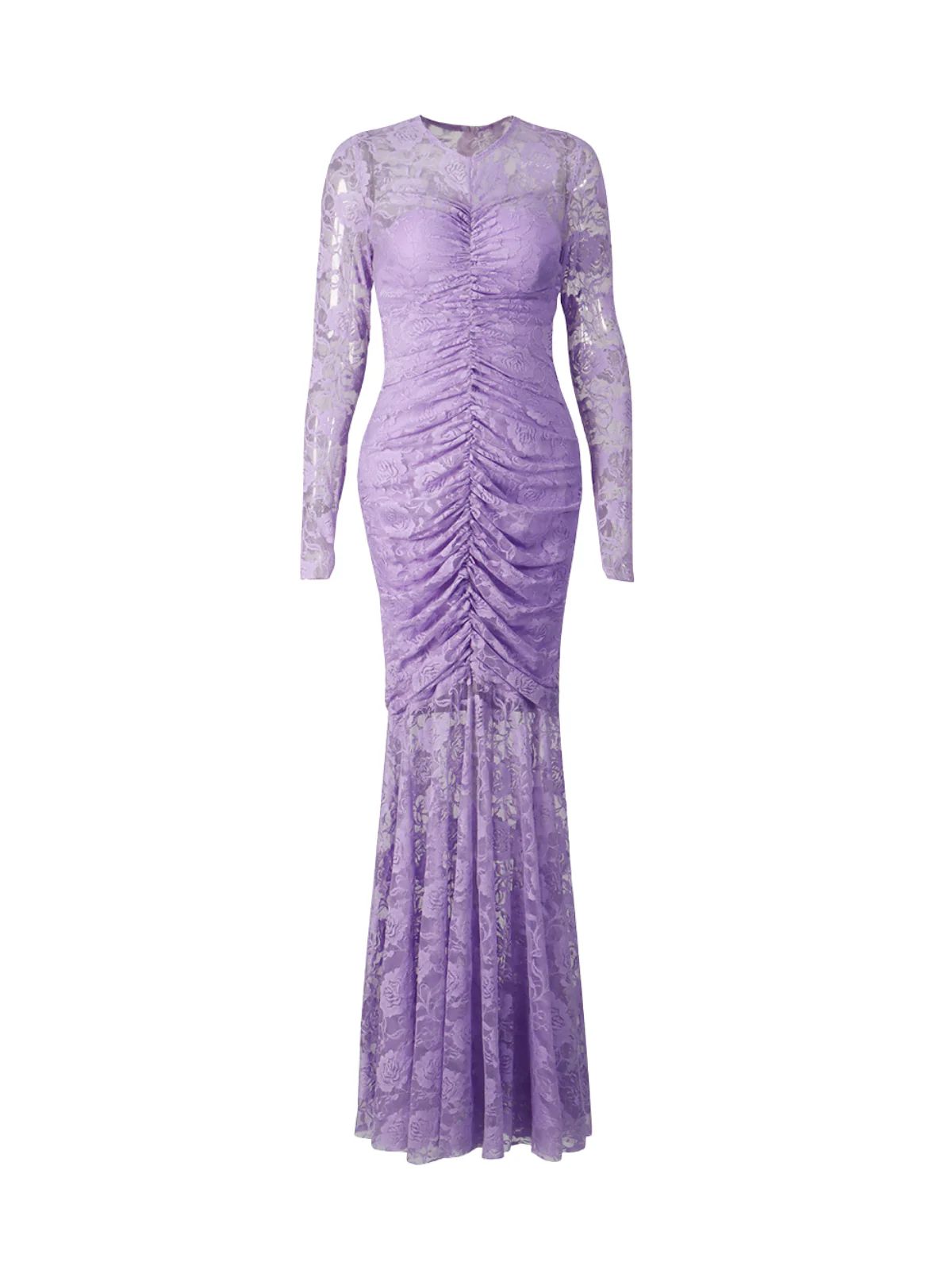 Rochie lungă din dantelă florală cu drapaje frontale - imagine 6