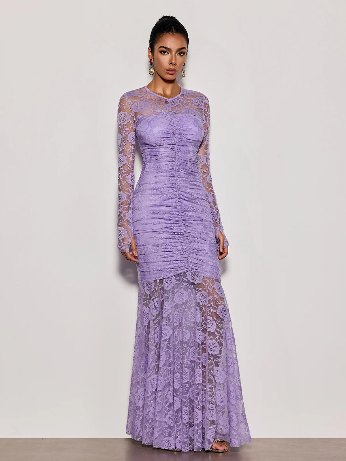 Rochie lungă din dantelă florală cu drapaje frontale - imagine 3