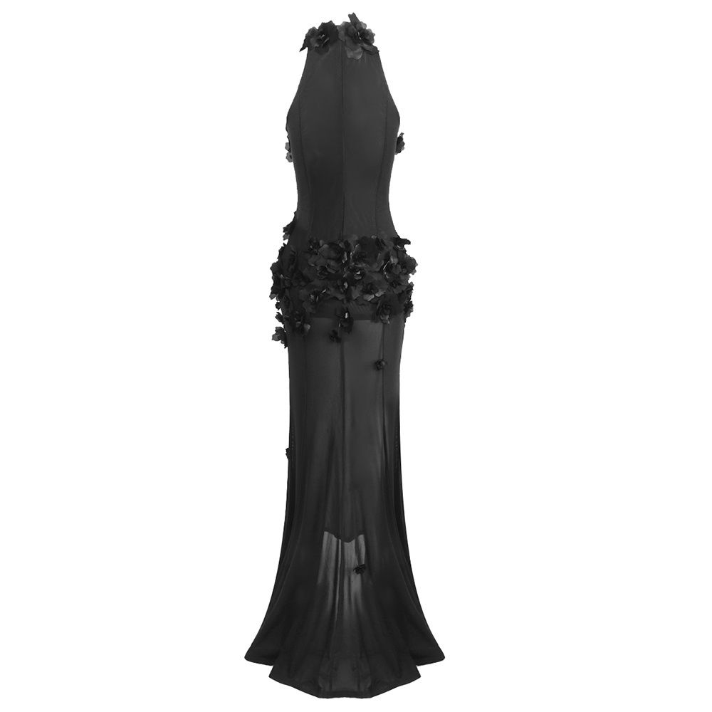 Rochie lungă de seară tip halter cu aplicații florale 3D și șliț adânc - imagine 4
