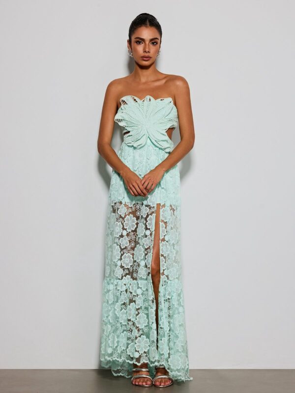 Rochie lungă din dantelă cu bust floral 3D