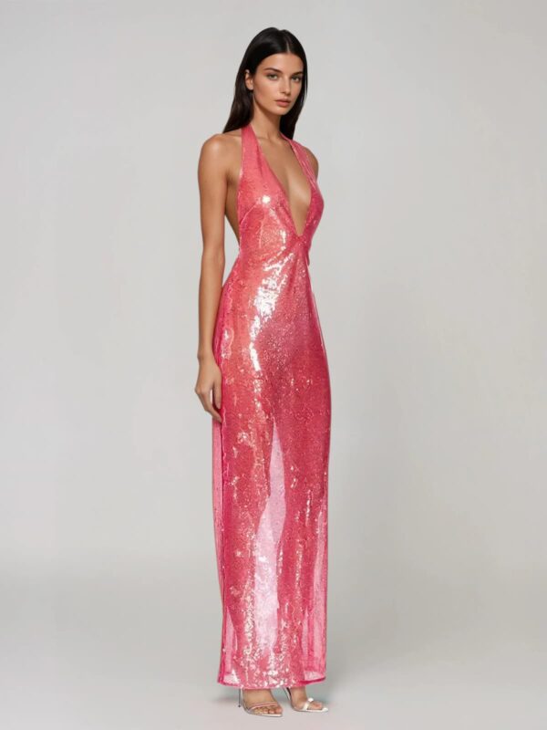 Rochie maxi cu paiete roz croială sirenă