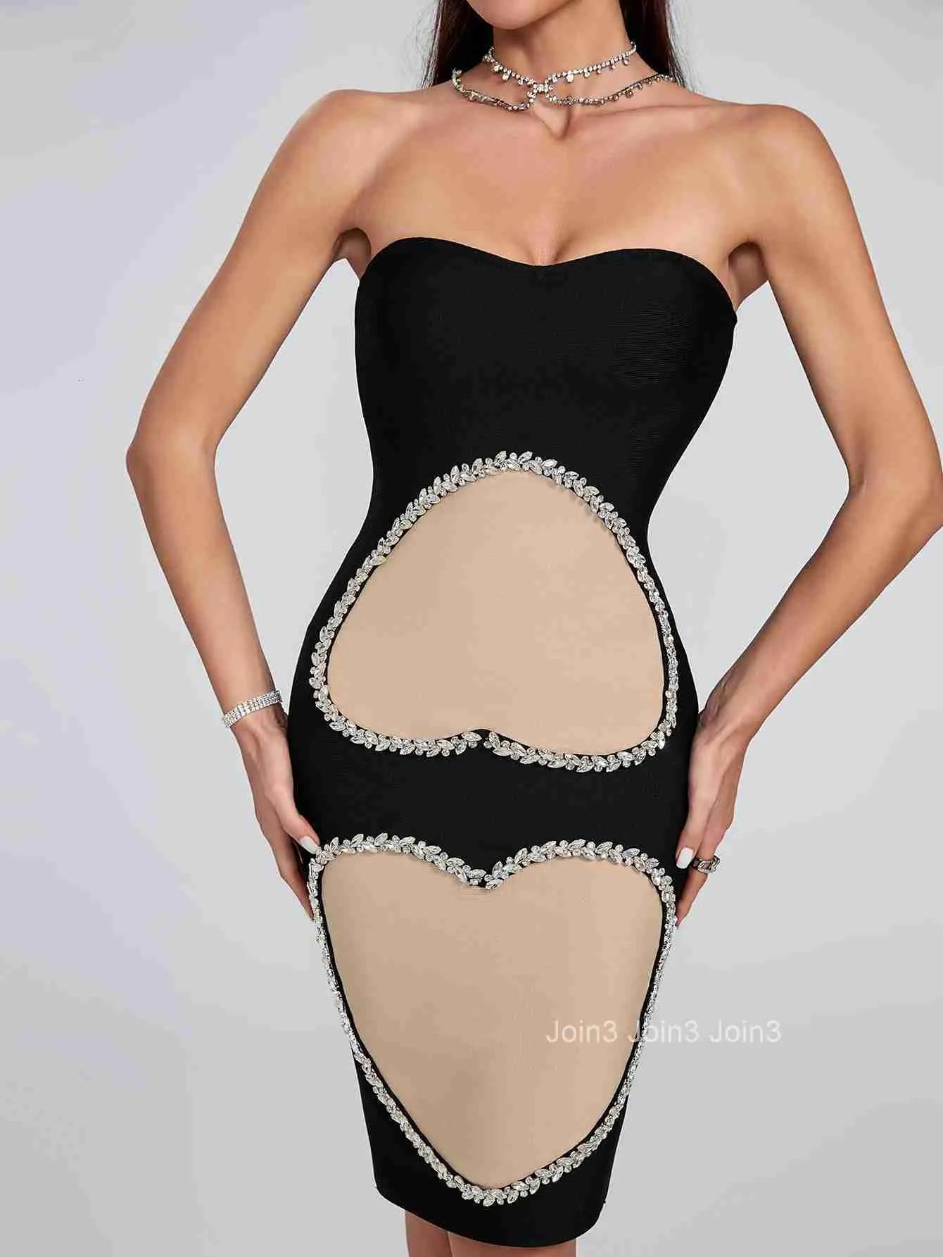 Rochie midi bandage strapless cu decupaje inimă și strasuri - imagine 6