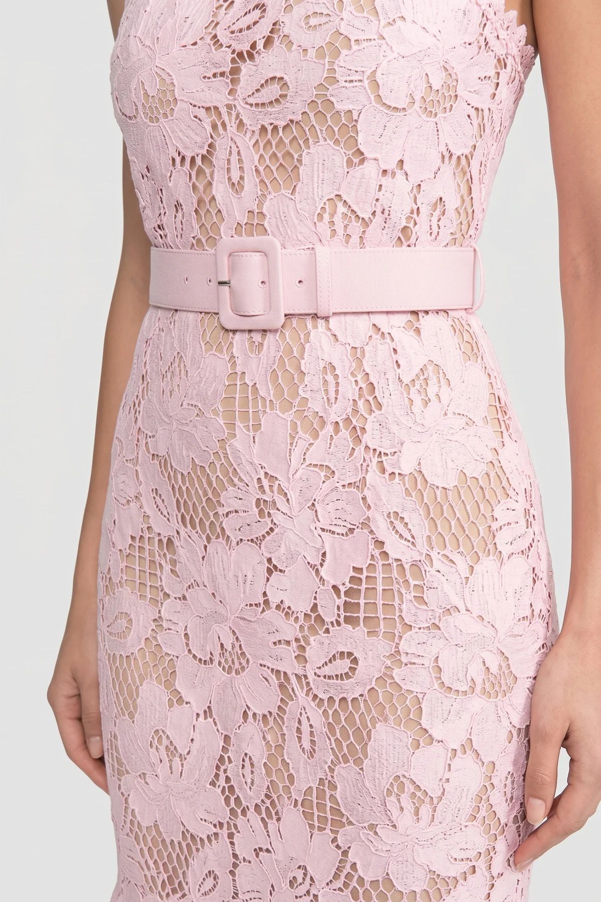 Rochie midi din dantelă roz cu curea în talie - imagine 3