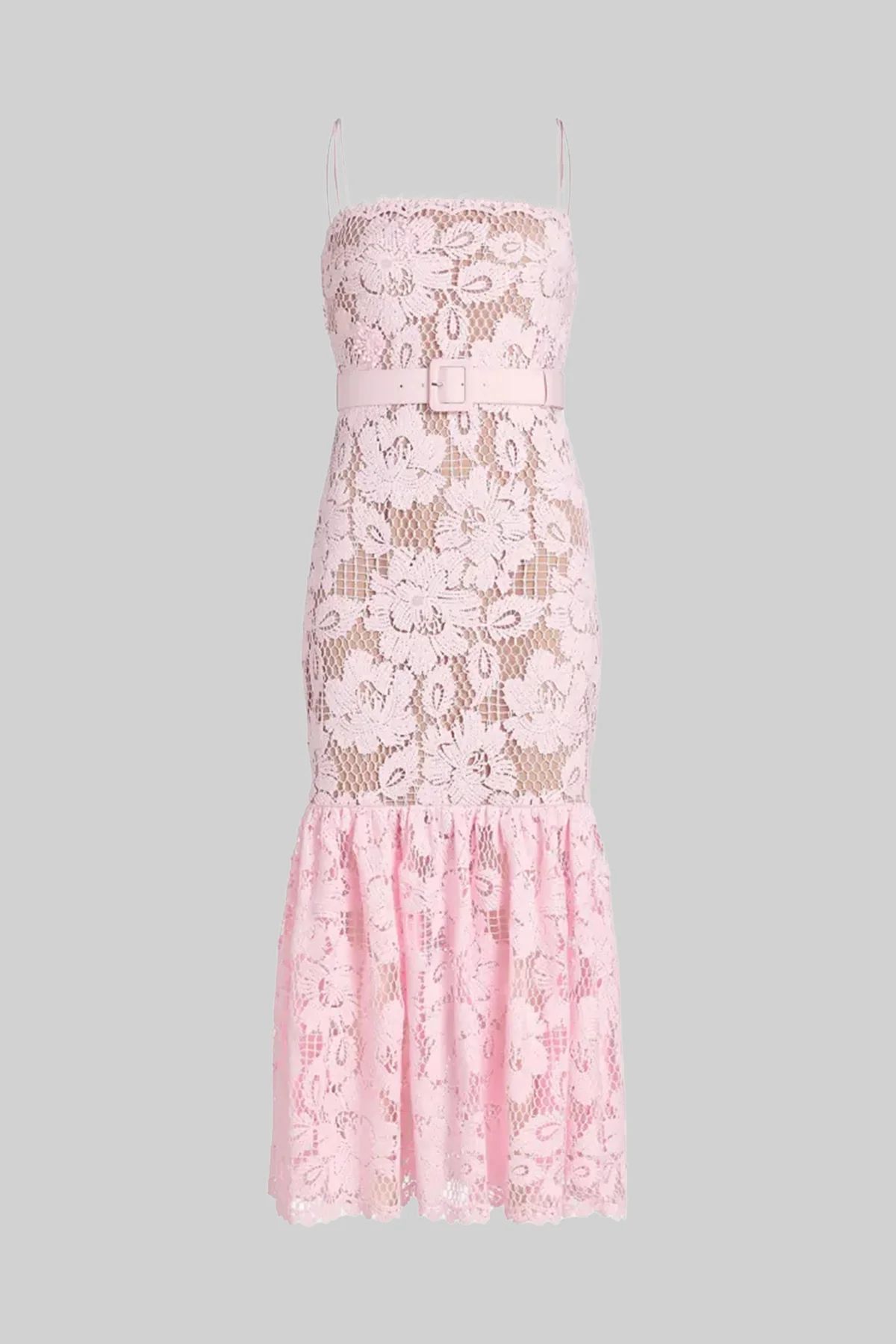 Rochie midi din dantelă roz cu curea în talie - imagine 5