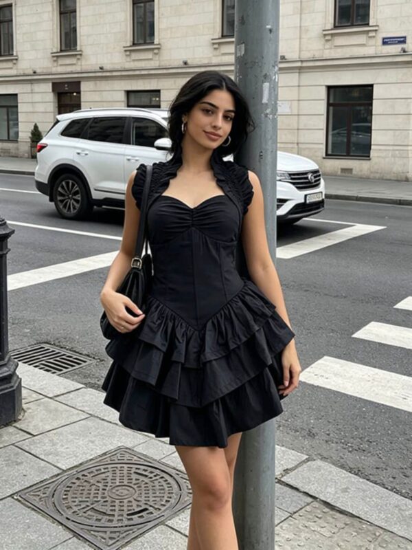 Rochie scurtă tip corset cu fustă în volane și guler încrețit