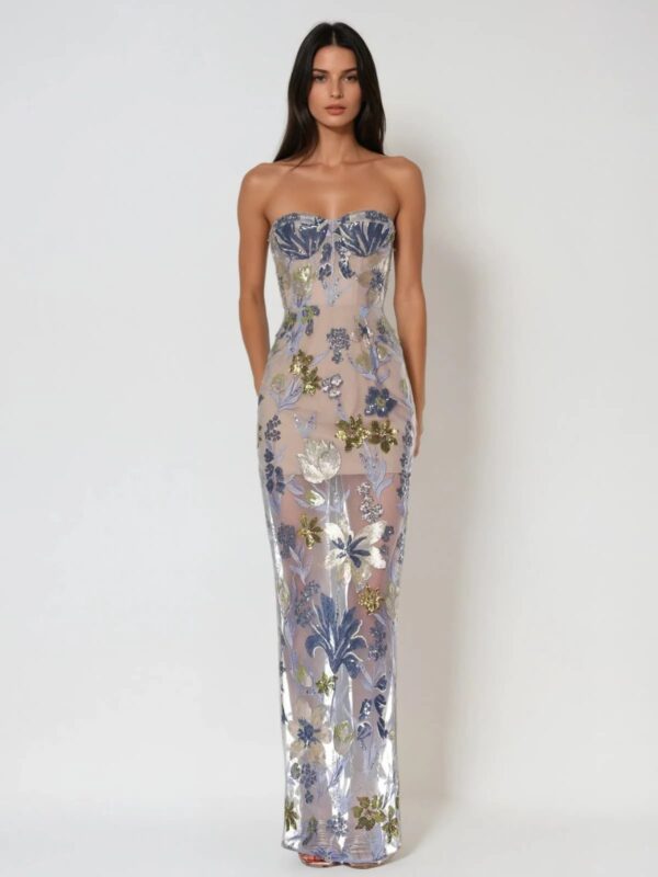 Rochie midi tip corset cu aplicații din strasuri și franjuri