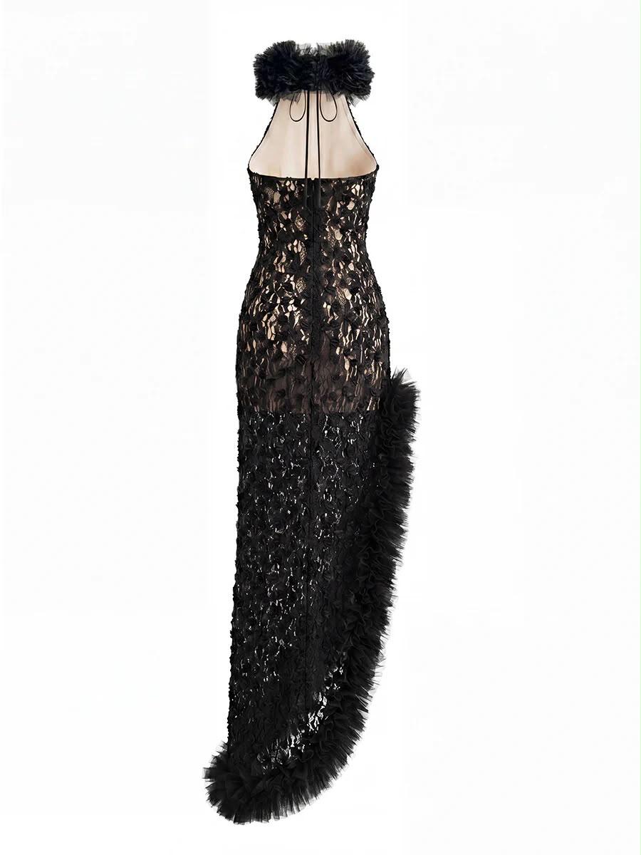 Rochie maxi din dantelă cu slit înalt și detalii din puf - imagine 6