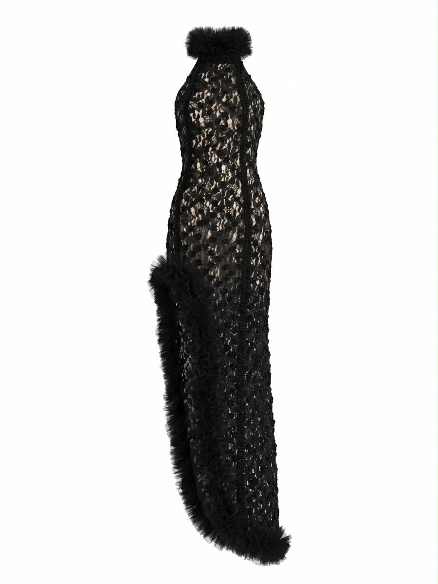 Rochie maxi din dantelă cu slit înalt și detalii din puf - imagine 5