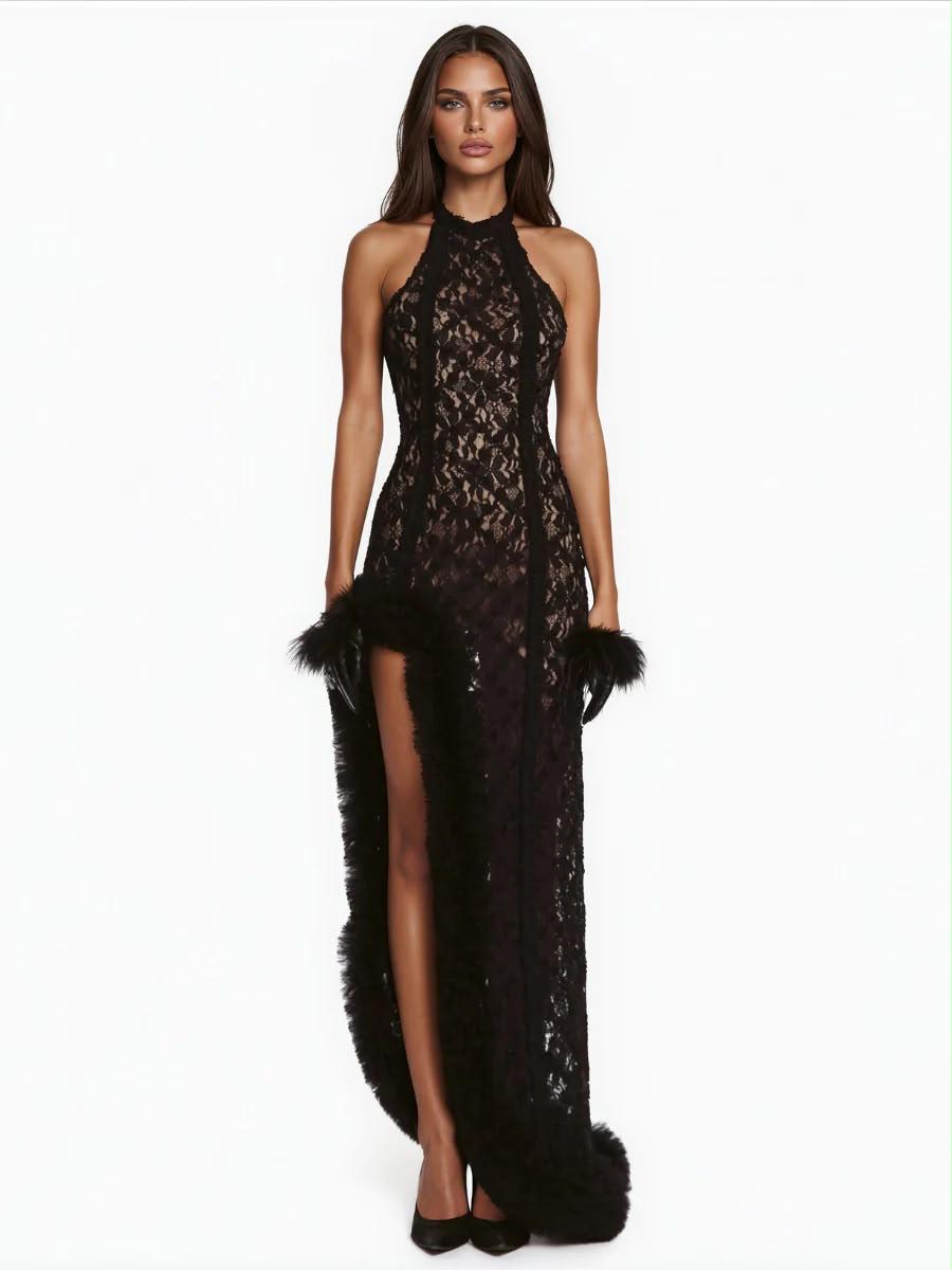 Rochie maxi din dantelă cu slit înalt și detalii din puf - imagine 4
