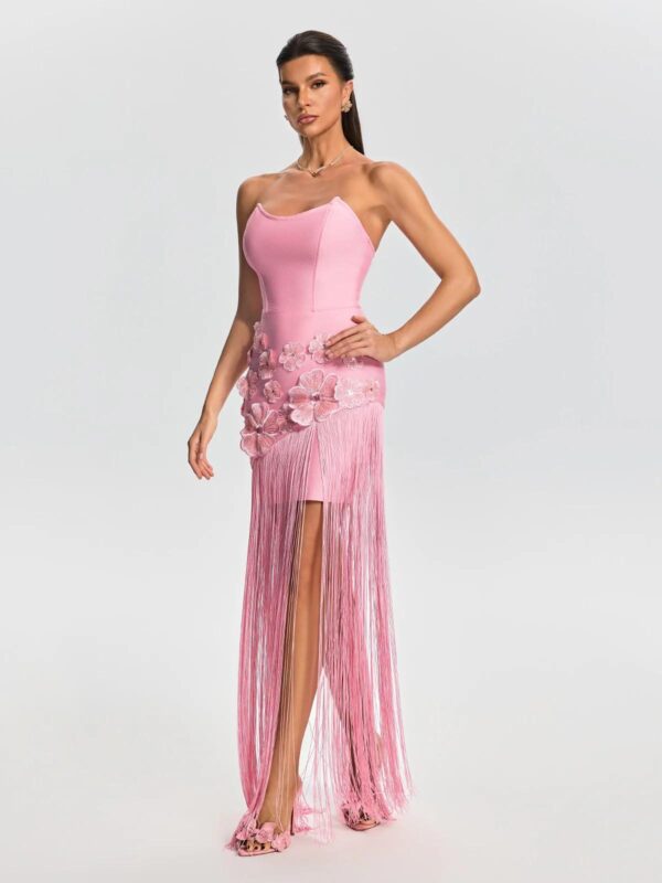 Rochie midi cu franjuri și aplicații florale 3D